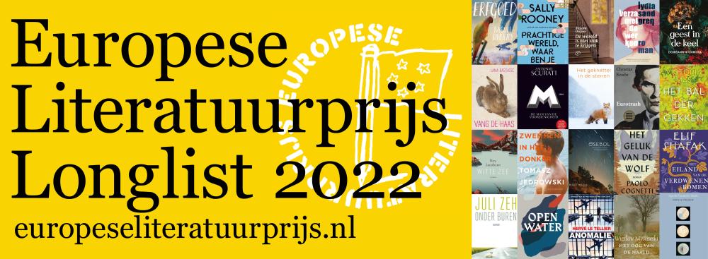 Banner met alle omslagen en de tekst Europese Literatuurprijs Longlist 2022.