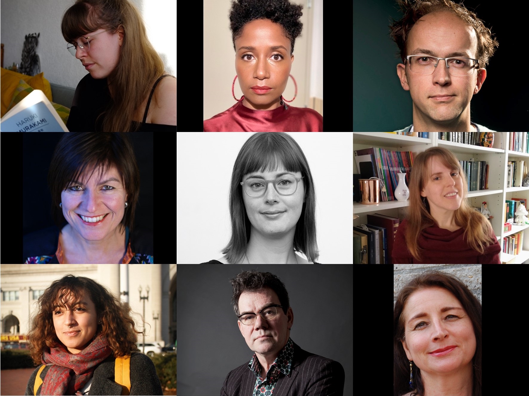 Collage met foto's van de negen literaire professionals die vragen hebben beantwoord.