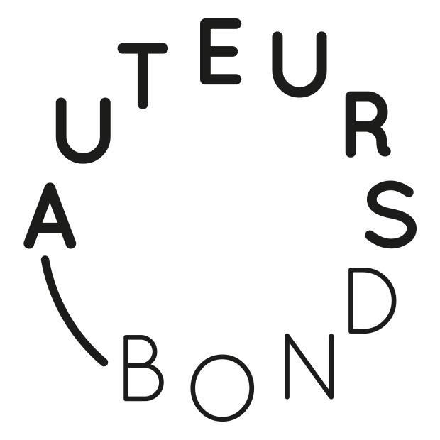 Het logo van de Auteursbond. De naam van de organisatie in zwarte letters die met de klok mee een cirkel vormen tegen een witte achtergrond.