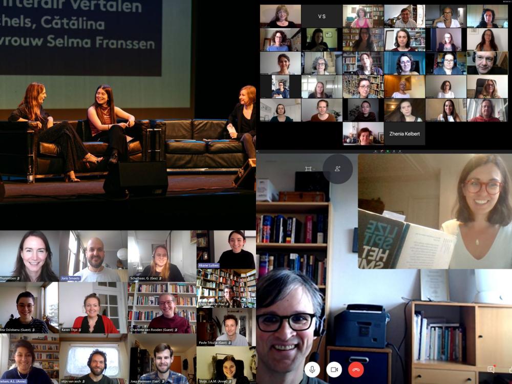 Collage: foto's van de talkshow literair vertalen, de Online Najaarscursussen, de ESLT Summer School en mentoraten.