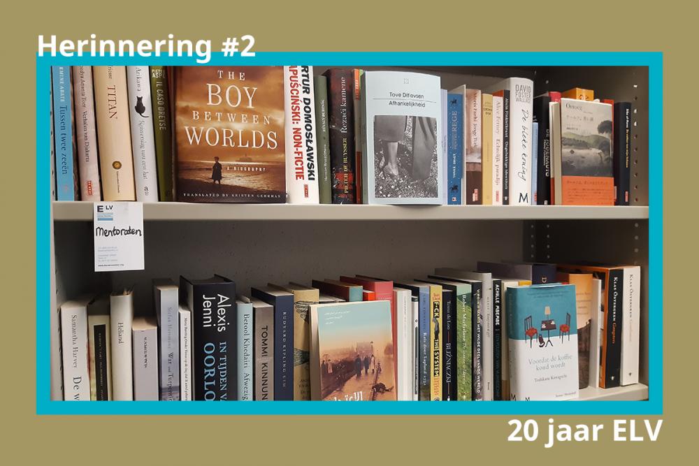 Foto van een boekenkast met vertalingen. 