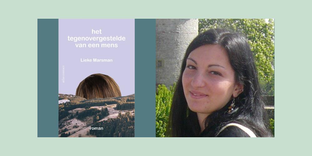 Collage met links het omslag van 'Het tegenovergestelde' en rechts een foto van Cristina Peligra.