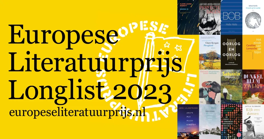Banner van Europese Literatuurprijs Longlist 2023 met verschillende boekomslagen
