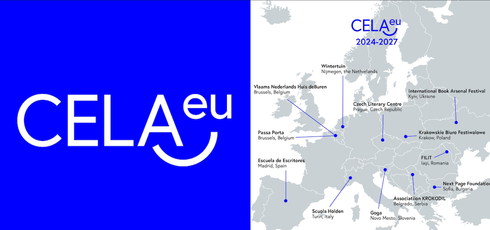 logo van CELA plus kaart van Europa met plaatsaanduidingen deelnemende steden