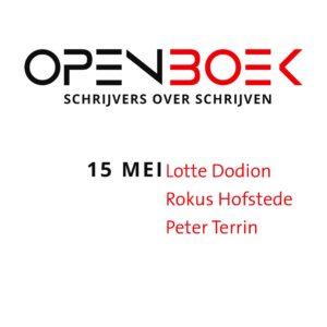 Logo Open Boek. In zwarte en rode letters tegen een witte achtergrond de volgende tekst: Open Boek. Schrijvers over schrijven. 15 mei: Lotte Didion, Rokus Hofstede, Peter Terrin.