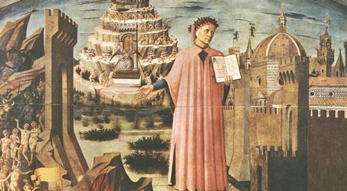 Het schilderij 'La commedia illumina Firenze' van Domenico di Michelino. Erop afgebeeld staat Dante Alighieri die zijn La Divina Commedia toont aan de stad Florence.