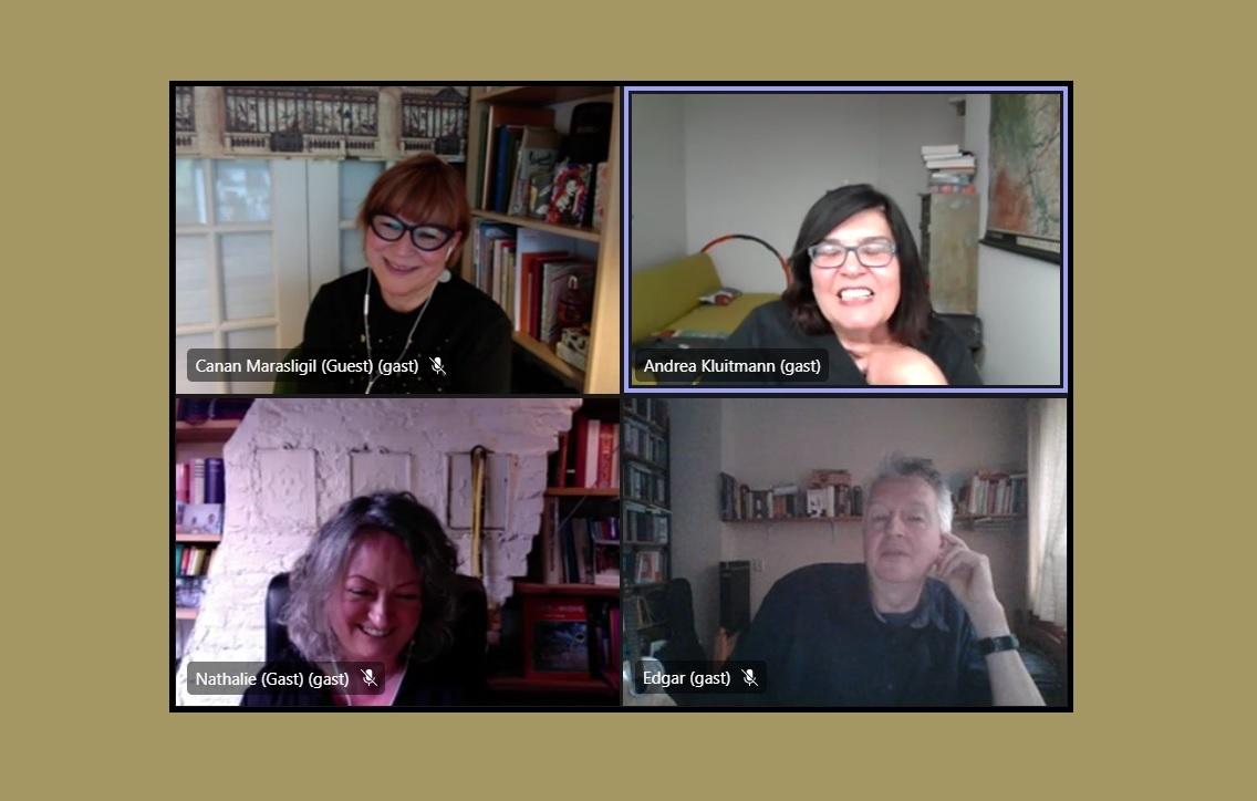 Een collage van de vier panelleden van het gesprek over zichtbaarheid. V.l.n.r. v.b.n.o. Canan Marasligil, Andrea Kluitmann, Nathalie Tabury en Edgar de Bruin.