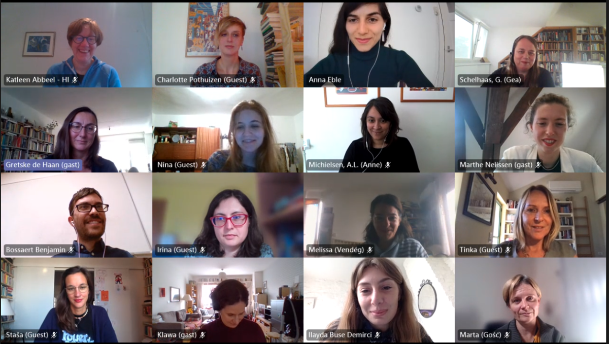 Screenshot van een Teams-bijeenkomst van de cursus Professionalisering. Je ziet 16 lachende gezichten van deelnemers en panelleden.