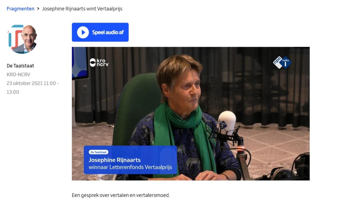 Still uit de video van de radiouitzending van Taalstaat met Josephine Rijnaarts.