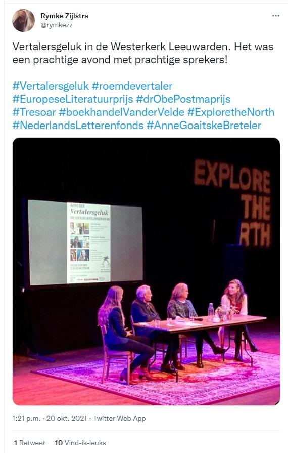 Rymke Zijlstra tweet over haar fijne avond tijdens Vertalersgeluk in Leeuwarden, inclusief foto van de sprekers.