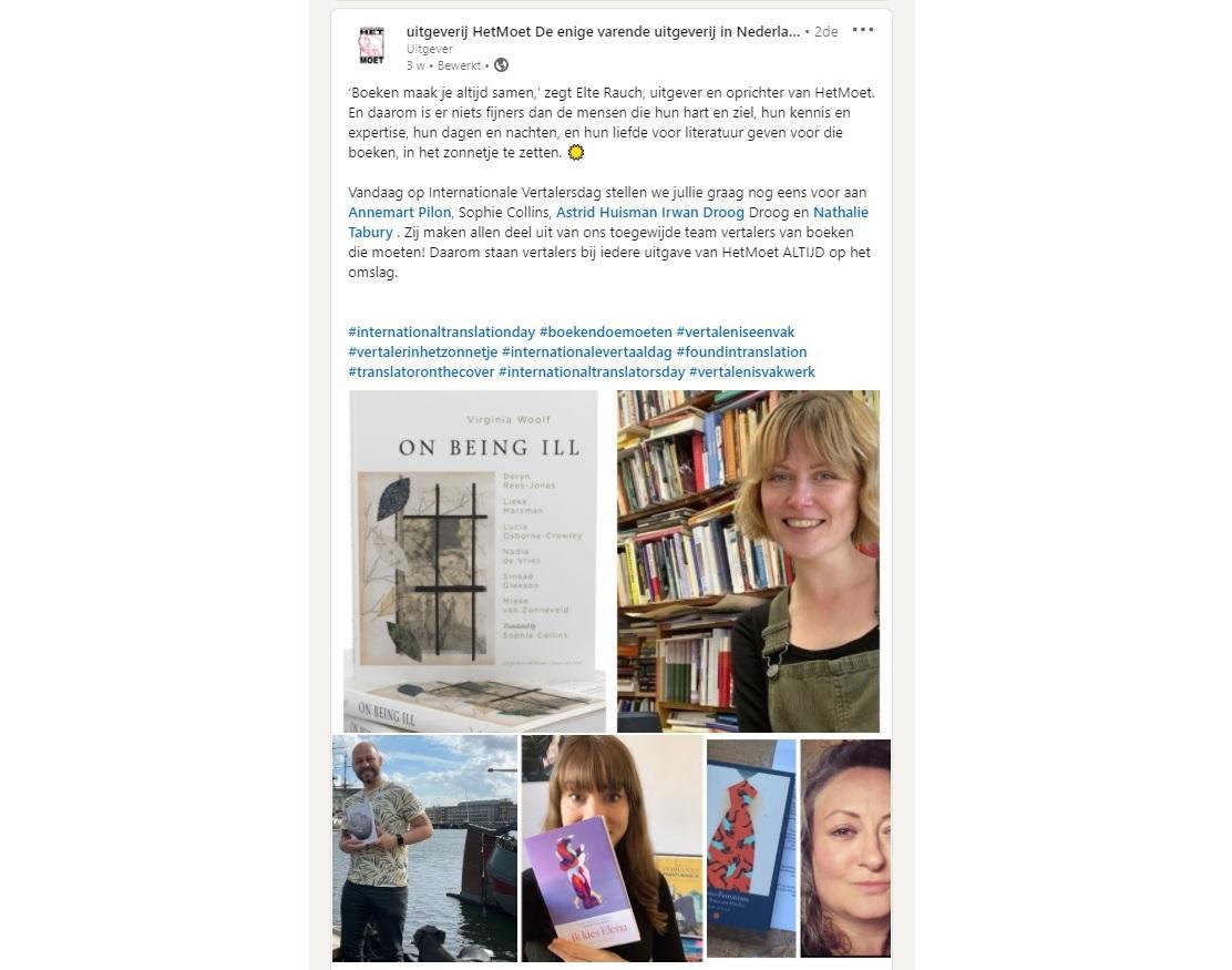 Een Linkedin-bericht waarin uitgeverij HetMoet verschillende vertalers prijst, inclusief foto's van de vertalers met door hen vertaalde boeken.