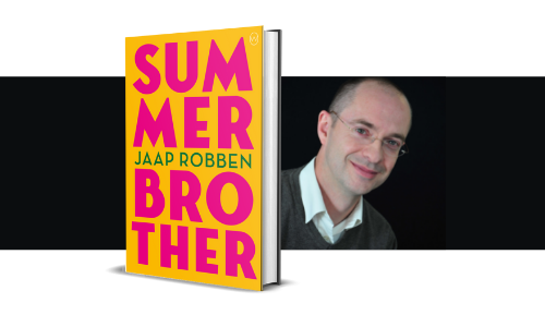 Afbeelding met een foto van David Doherty en de omslag van het boek Summer Brother.