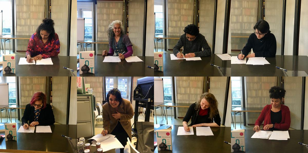 Collage van acht deelnemers die een vertaalcontract ondertekenen.