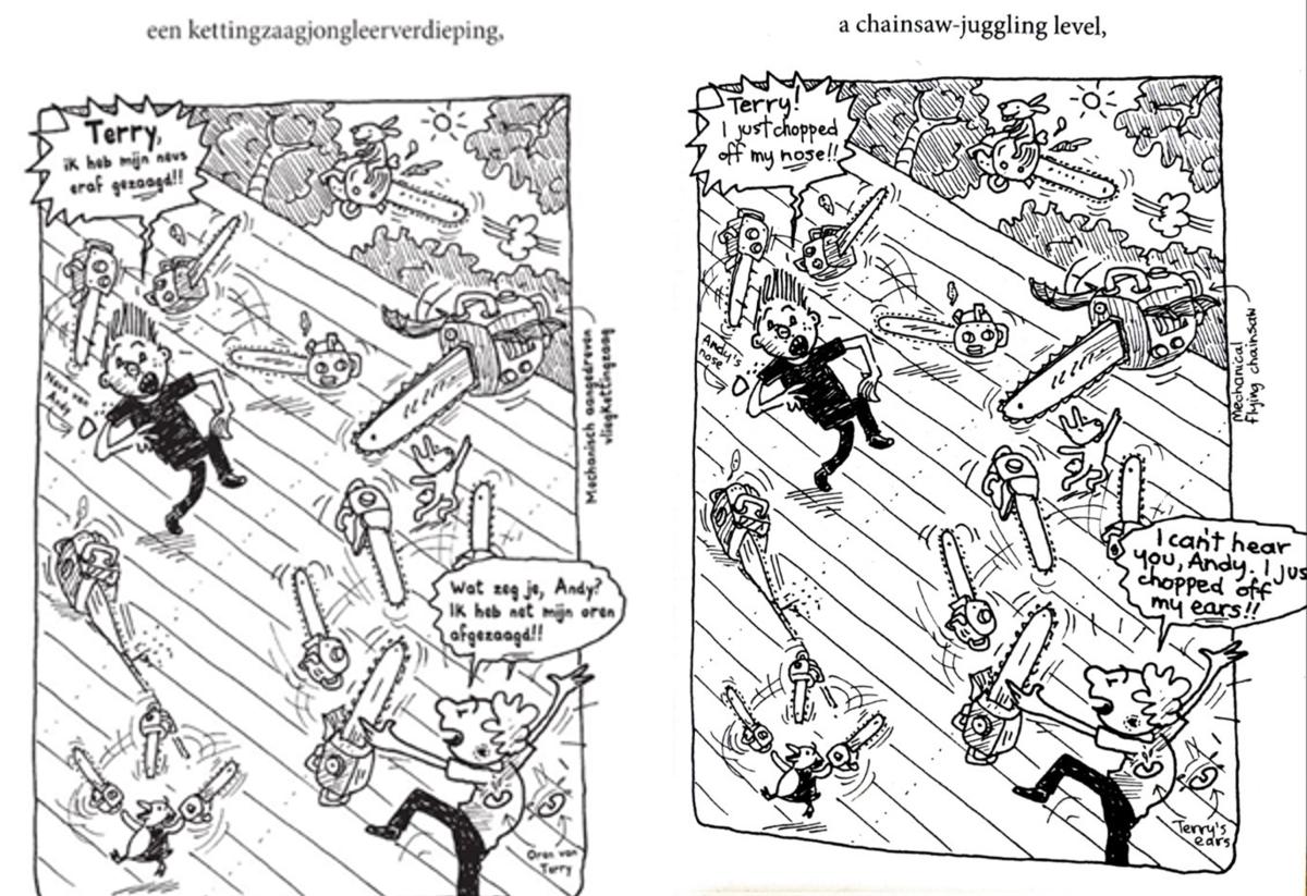 Een pagina uit De waanzinnige boomhut in Nederlandse vertaling en Engels origineel