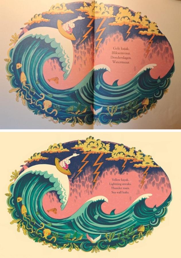 Nederlandse vertaling en Engels origineel van een pagina uit Gele Kajak van Nina Laden en Melissa Castrillón