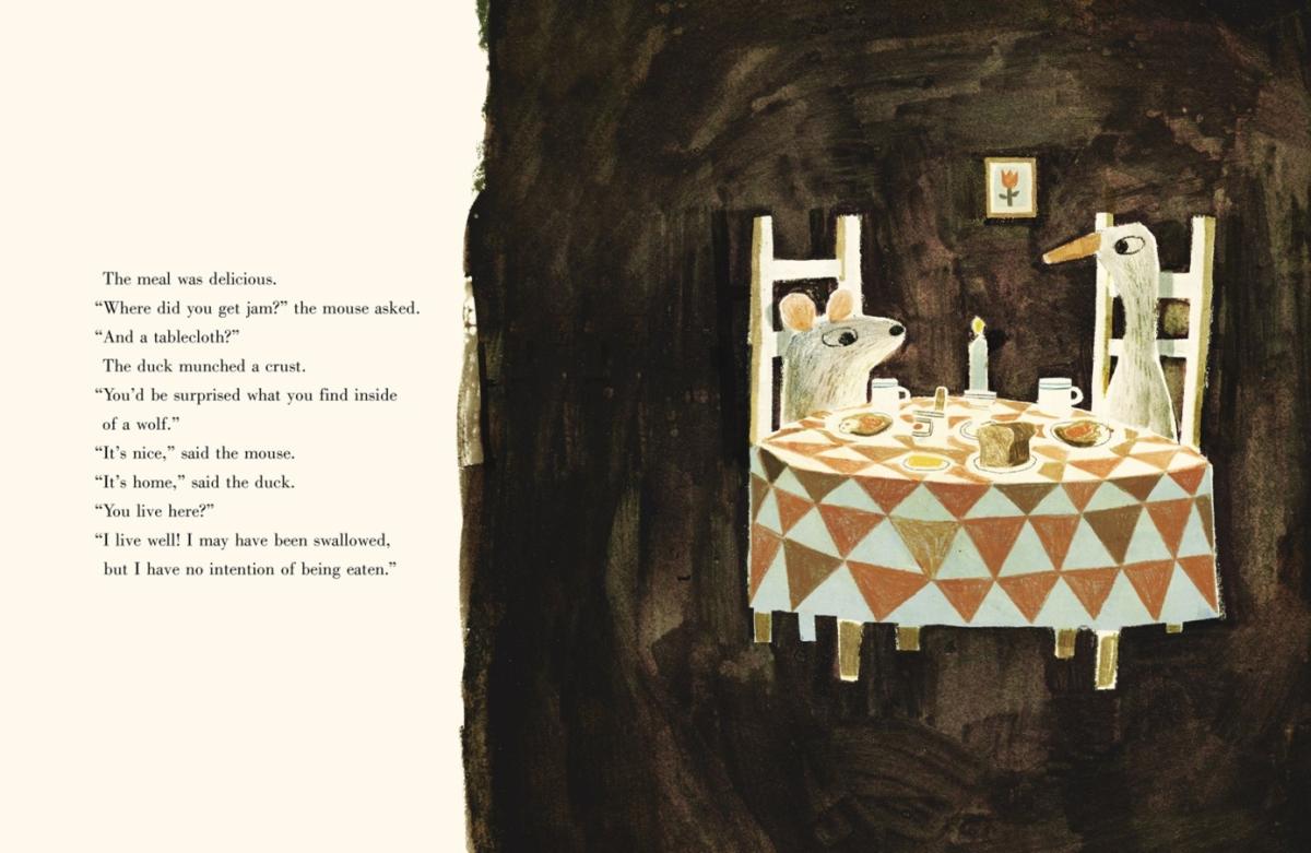 Nederlandse vertaling en Engels origineel van een pagina uit De wolf, de eend en de muis van Mac Barnett en Jon Klassen