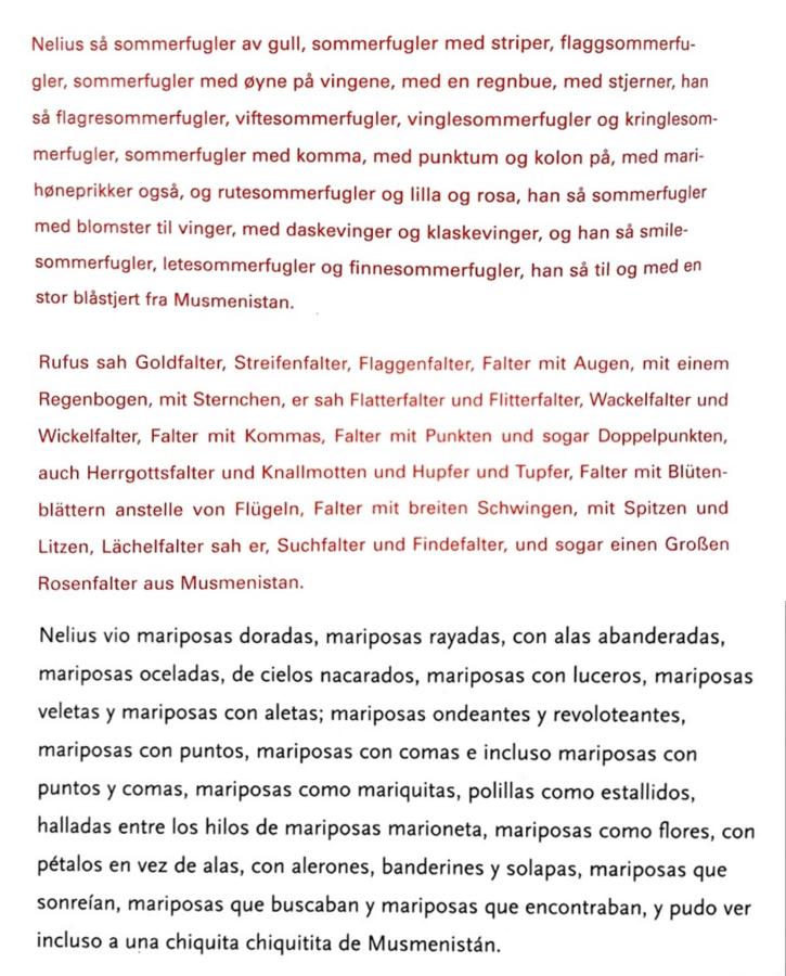 Vertalingen in het Noors, Duits en Spaans van een pagina uit Eén miljoen vlinders van Edward van de Vendel