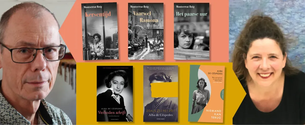 banner met portretfotos van de twee vertalers en de boekomslagen van de 6 boeken die zij vertaalden